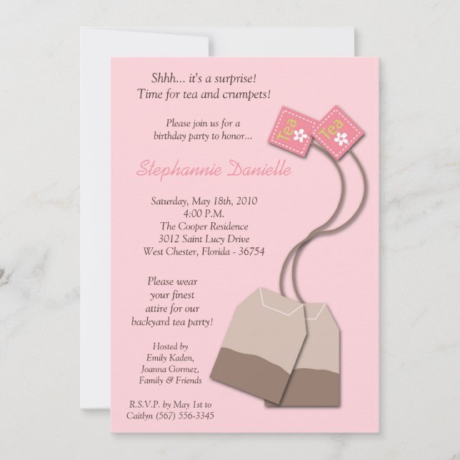 5x7 Pink Tea Bag Tea Party Birthday Invitation (Front)