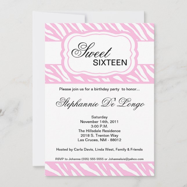 5x7 Pink Zebra Imprimer Invitation de fête d'anniv (Devant)