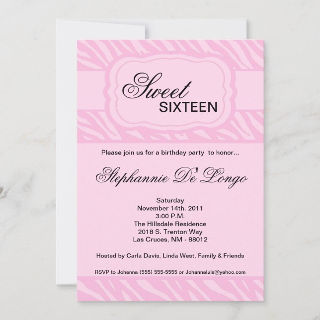 5x7 Pink Zebra Imprimer Invitation de fête d'anniv (Devant)