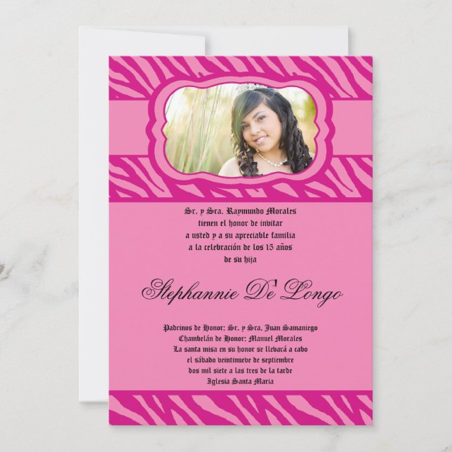 5x7 Pink Zebra Print Patter Quinceanera Invitation (Front)