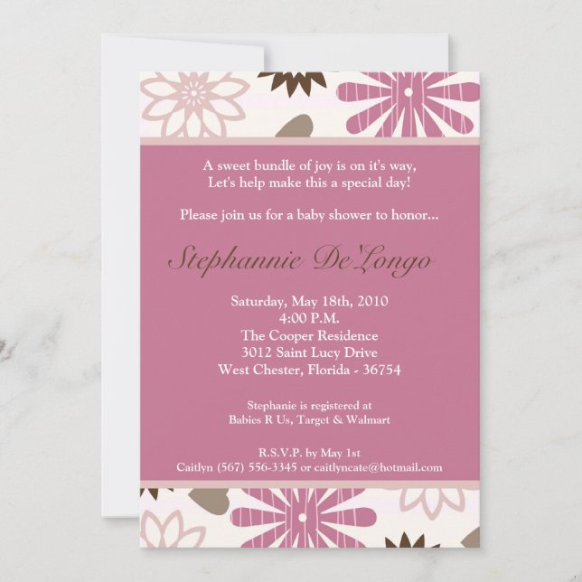 5x7 PinkPurple Retro Flower Baby Shower Invitation (Front)