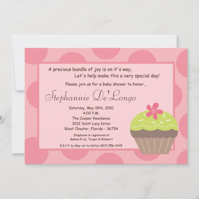 5x7 Polka Dot Cup Cake Baby Shower Invitation (Front)