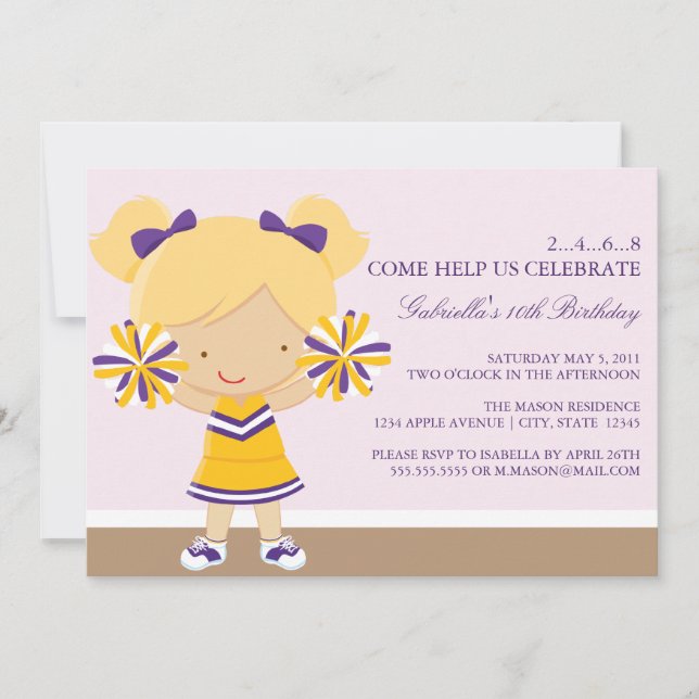 5x7 Pom-pom girl violet/or Invitation de fête d'an (Devant)