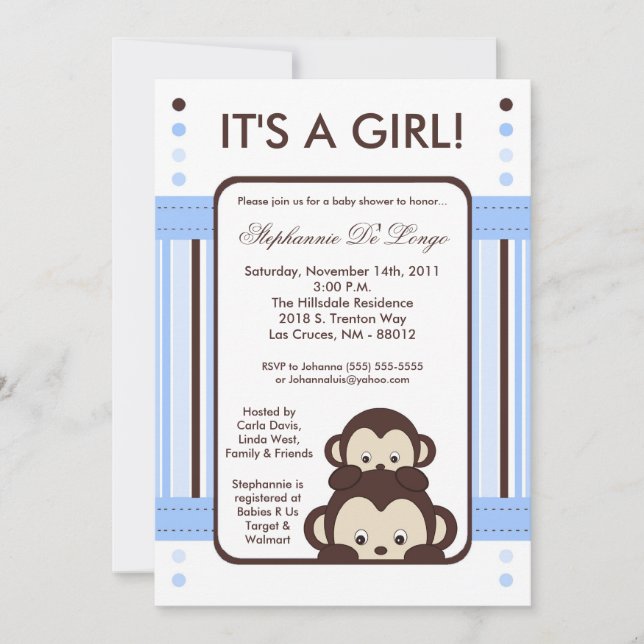 5x7 Pop Monkey Blue Jungle Baby shower Invitation (Devant)