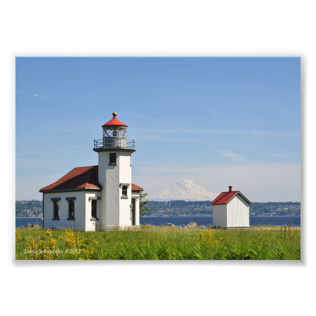 5X7 Pt Robinson Lighthouse with Mount Rainier Photo Print (Front)