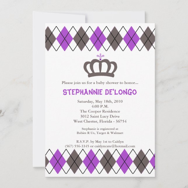 5x7 Purpl Grey Jacquard Couronne Invitation Baby s (Devant)