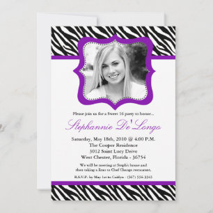 5x7 Purpl Zebra PHOTO Sweet 16 Birthday Invitation