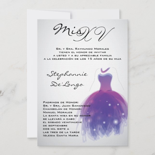 5x7 Purple Dress Quinceanera Birthday Invitation (Front)