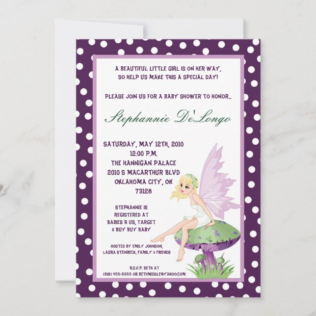 5x7 Purple Fairy Baby Shower Invitation (Front)