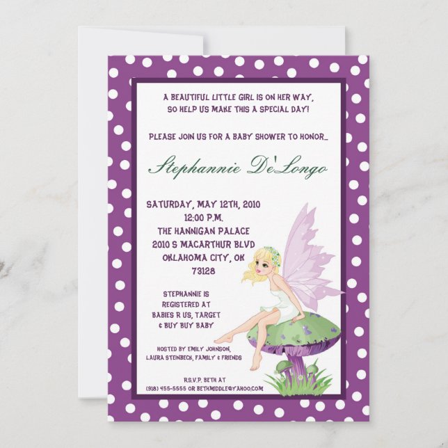 5x7 Purple Fairy Baby Shower Invitation (Front)