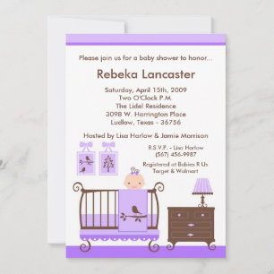 5x7 Purple Girl Nursey Baby shower Invitation