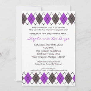 5x7 Purple Grey Argyle Punk Baby Shower Invitation