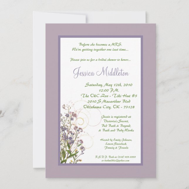 5x7 Purple Iris Flower Bridal Shower Invitation (Front)