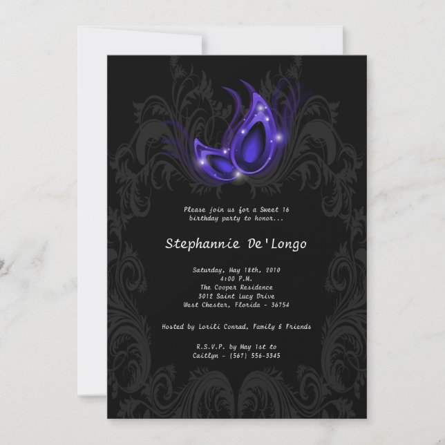 5x7 Purple Masquerade Sweet 16 Birthday Invitation (Front)