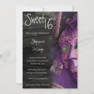 5x7 Purple Masquerade Sweet 16 Birthday Invitation