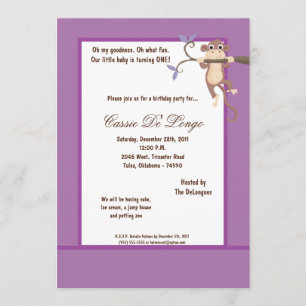 5x7 Purple Monkey Birthday Party Invite