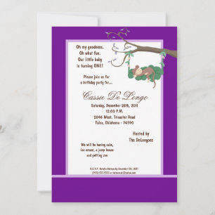 5x7 Purple Monkey Birthday Party Invite