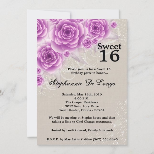 5x7 Purple Rose Sweet 16 Anniversaire Invitation (Devant)