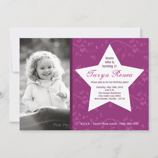 5x7 Purple STAR Photo Invitation de fête d'anniver (Devant)