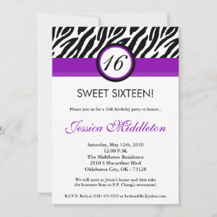 5x7 Purple Zebra Imprimer 16e invitation d'anniver