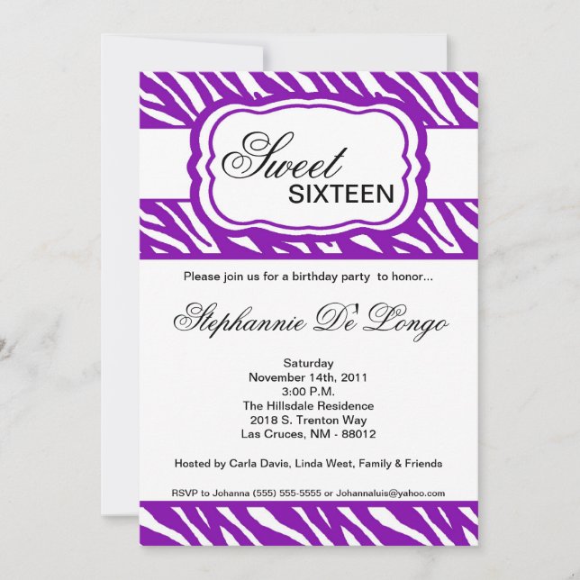 5x7 Purple Zebra Imprimer Anniversaire Invitation (Devant)