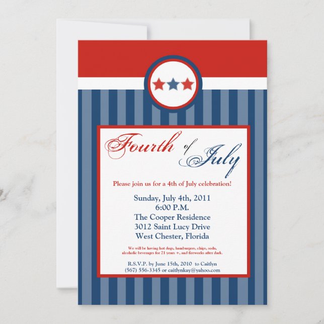 5x7 Quatrième 4 juillet Fête Invitation (Devant)