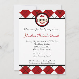 5x7 Red Arg Sock Monkey Toy Invitation d'anniversa