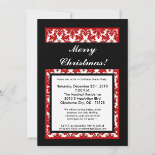 5x7 Red Black Damask Christmas Party Invitation