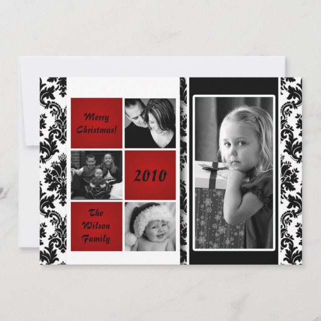 5x7 Red Box Damask PHOTO Christmas Card (Front)