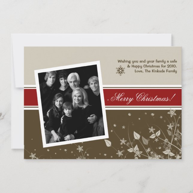 5x7 Red Brown Floral Flowe PHOTO Christmas Card (Front)