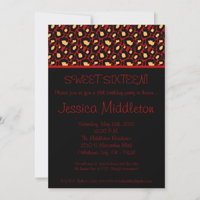 5x7 Red Cheetah Imprimer 16e invitation anniversai (Devant)