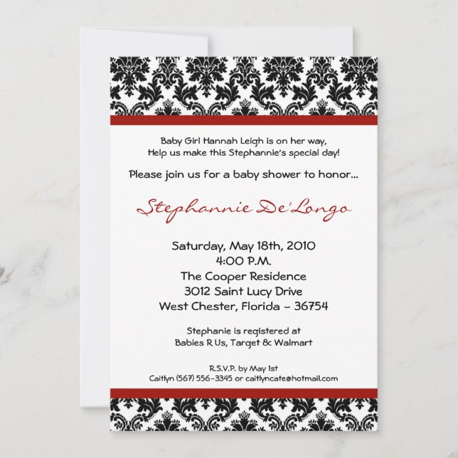 5x7 Red Crimso Black Damask Baby shower Invitation (Devant)