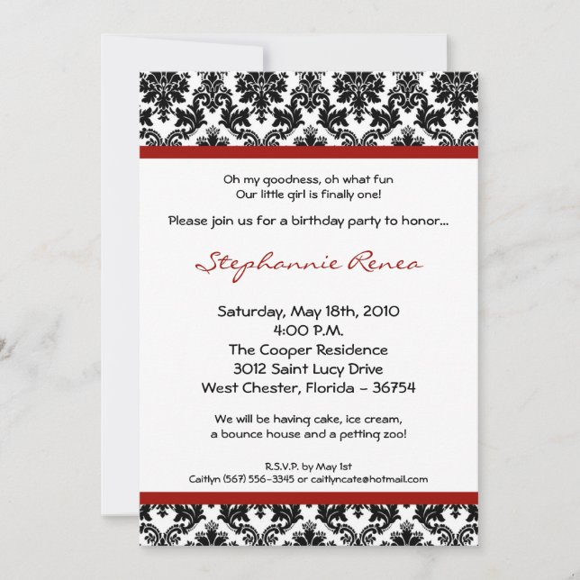 5x7 Red Crimson Damask Birthday Party Invitation (Front)