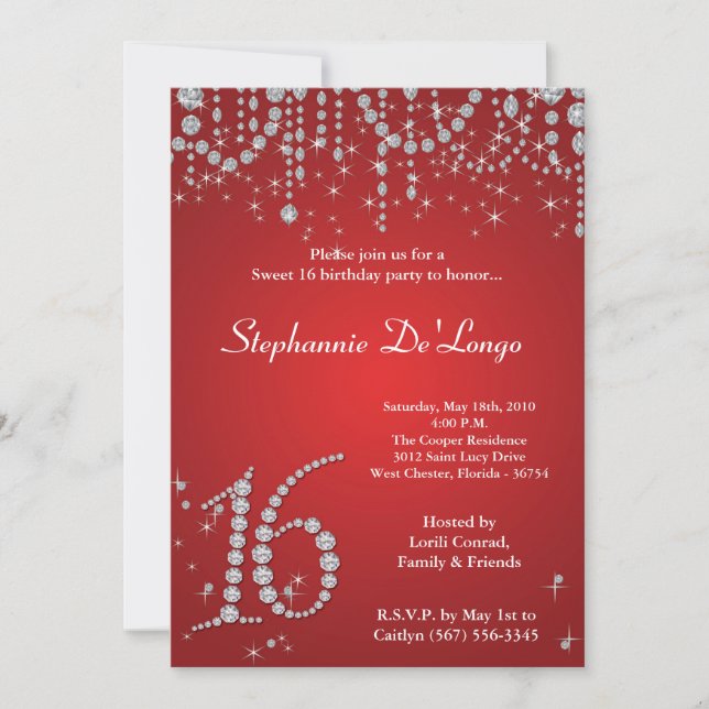 5x7 Red Diamond Sweet 16 Birthday Invitation (Front)