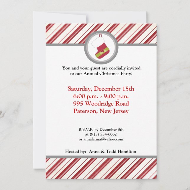 5x7 Red / Green Christmas Stocking Invitation (Front)