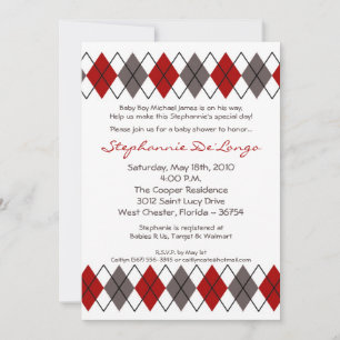 5x7 Red Grey Argyle Punk Baby Shower Invitation