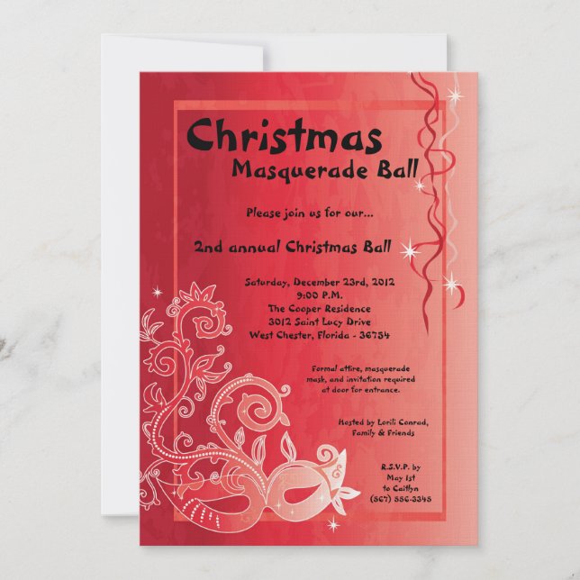 5x7 Red Masquerade Noël XMAS Ball Invitation (Devant)