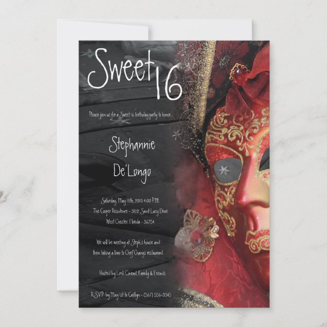 5x7 Red Masquerade Sweet 16 Invitation anniversair (Devant)