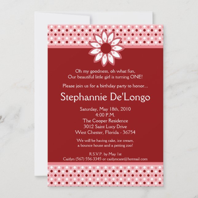 5x7 Red Polka Dot Flower Invitation de fête d'anni (Devant)
