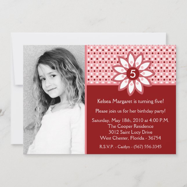 5x7 Red Polka Dot Photo Invitation de fête d'anniv (Devant)