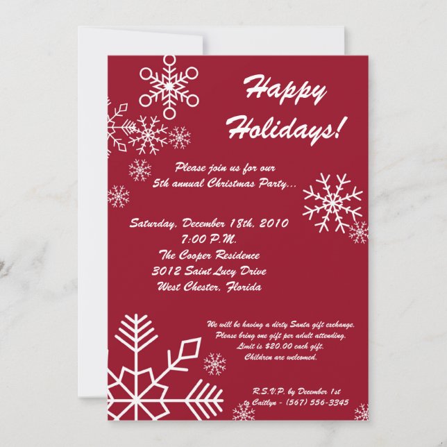 5x7 Red Snowflake Christmas Party Invitation (Front)