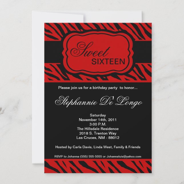 5x7 Red Zebra Print Birthday Party Invitation (Front)