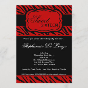5x7 Red Zebra Print Birthday Party Invitation