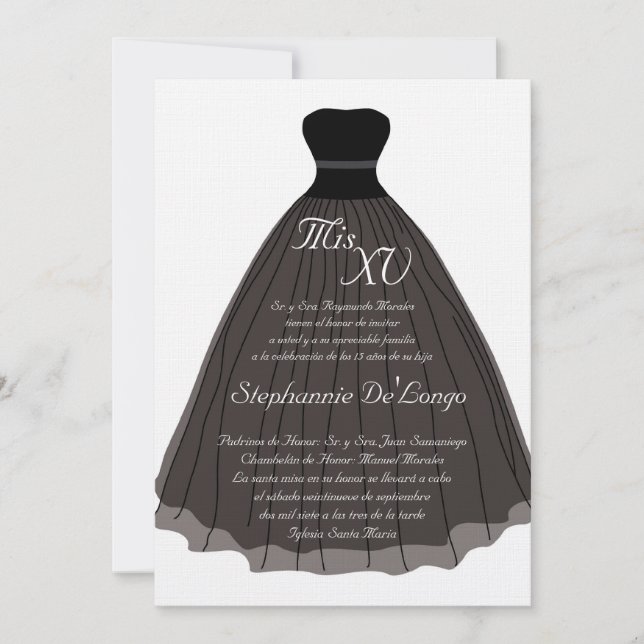 5x7 Robe noire Quinceanera Invitation d'anniversai (Devant)