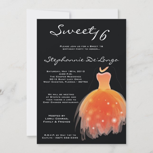 5x7 Robe orange sucré 16 Anniversaire Invitation (Devant)
