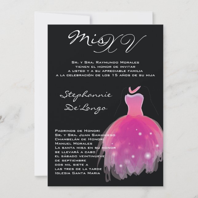 5x7 Robe rose Quinceanera Invitation Anniversaire (Devant)