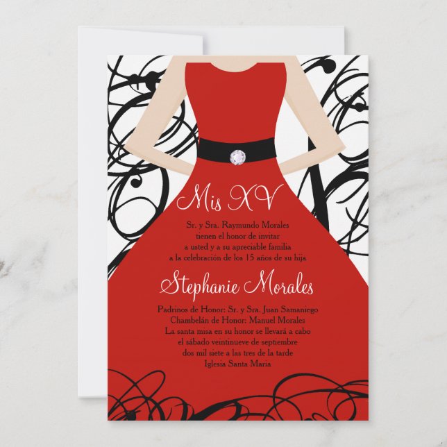 5x7 Robe Rouge Quinceanera Invitation Anniversaire (Devant)