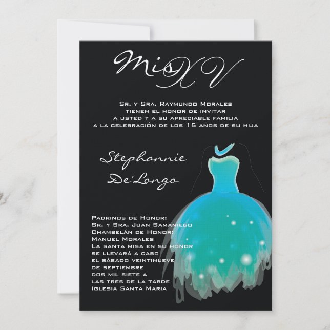 5x7 Robe Turquoise Quinceanera Invitation Annivers (Devant)