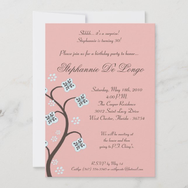 5x7 Rose & Bleu Floral Invitation fête d'anniversa (Devant)