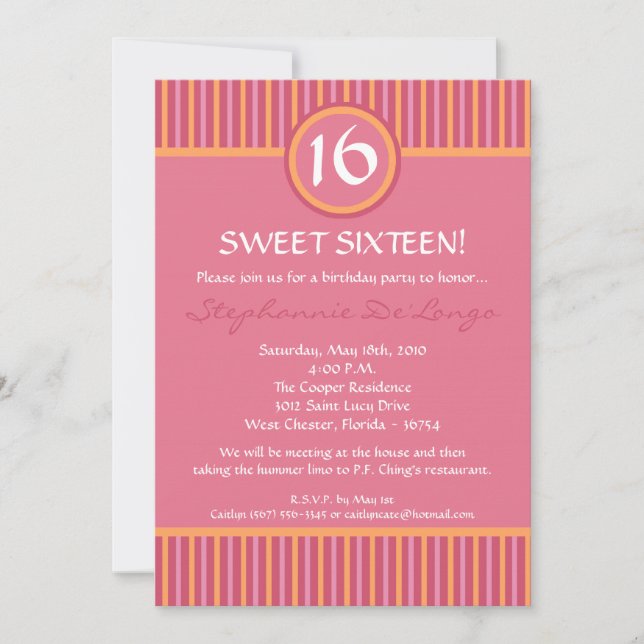 5x7 rose et orange rayé 16 Anniversaire Invitation (Devant)